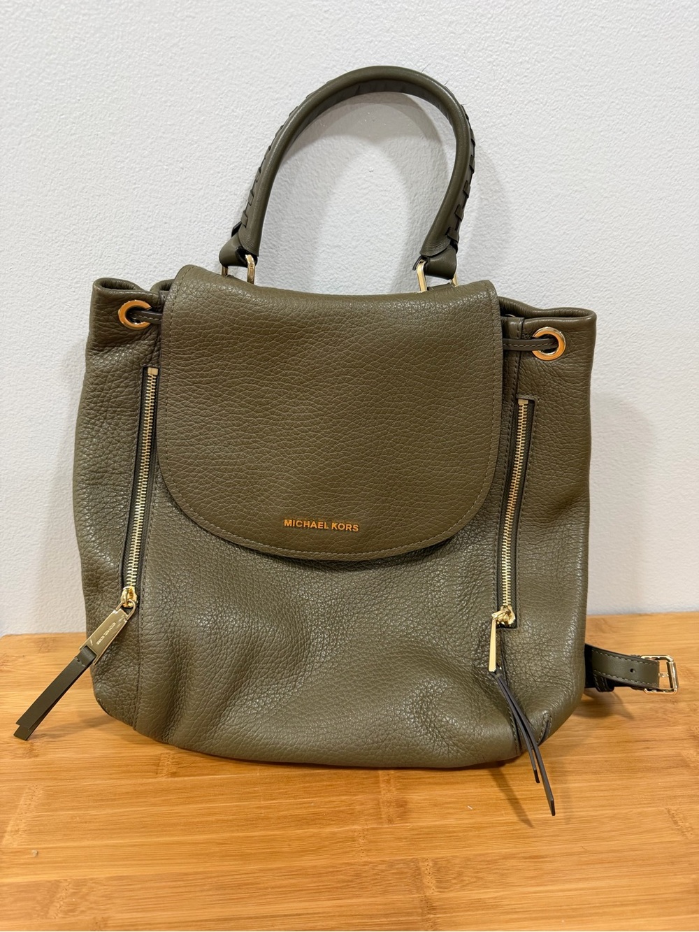 Michael Kors Olive Leather Pebbled Backpack Satchel